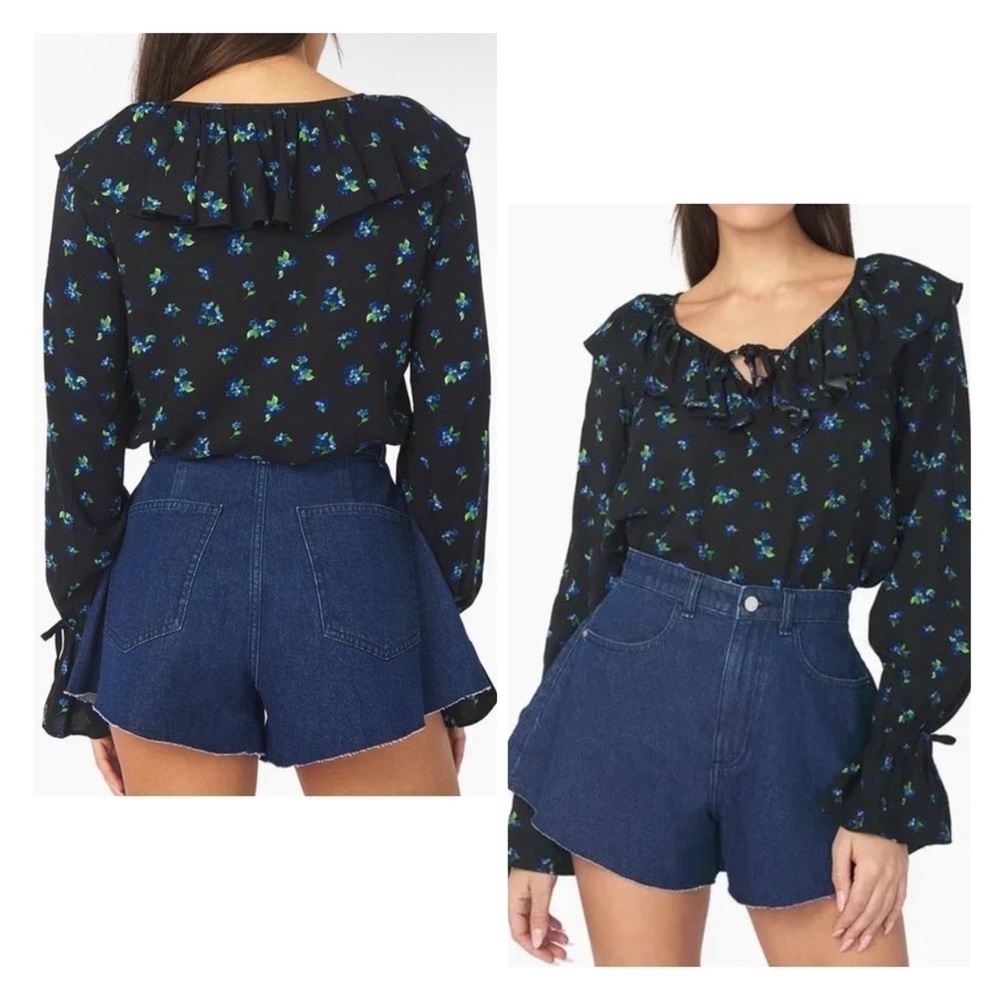 NWT Revolve WeWoreWhat Ruffled Watercolor Ditsy Blouse Black & Blue Floral Print